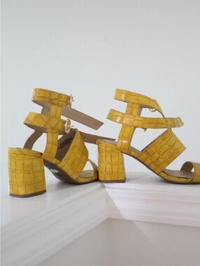 Croc-Embossed Yellow Block Heel Sandals - Women's
